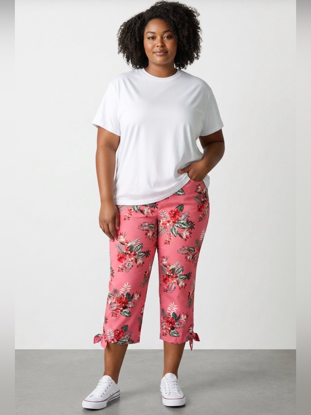 Counterparts Pink Floral Capri Pants Tie Hem Pull-On Stretch Size XL
